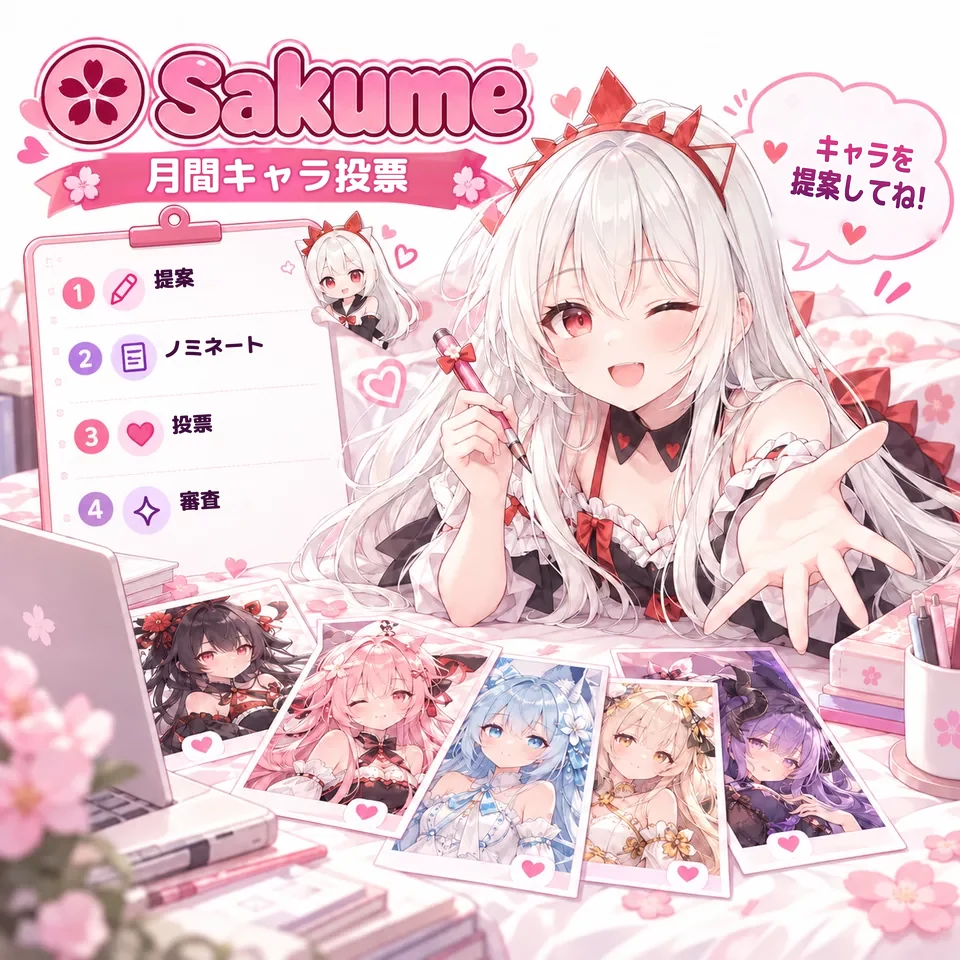 キャラクターの提案とコミュニティ投票への参加を呼びかけるSakumeのマスコット