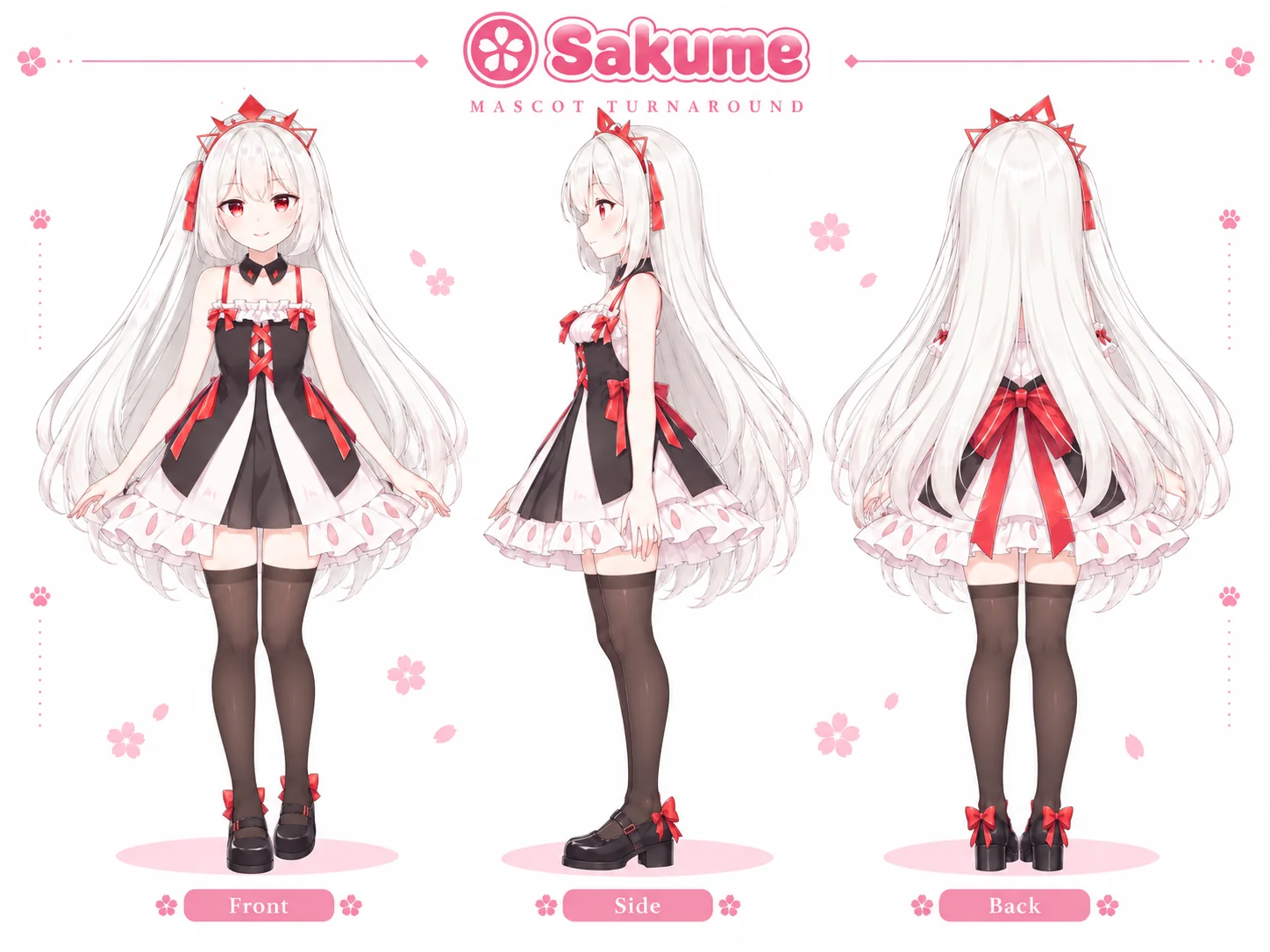 マスコット「Sakume」の三面図。赤い瞳と長い白髪の女の子が、赤いリボンの付いた白黒のワンピース姿で正面・側面・背面を向いている